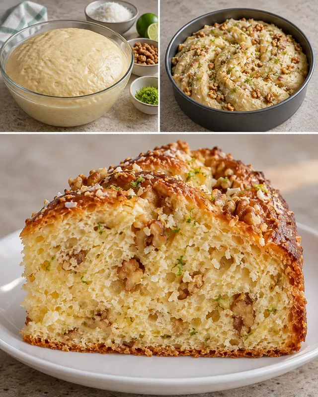 Sladký kynutý koláč — kokos, limetka, vlašské ořechy