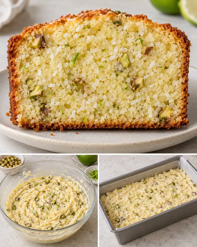Máslový chlebíček — kokos, limetka, pistácie