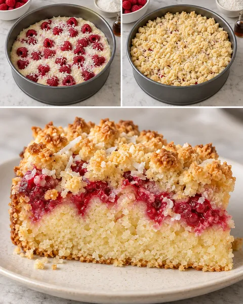 Koláč s drobenkou — maliny, vanilka, kokos