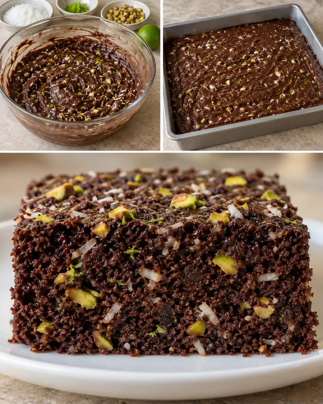 Kakaový koláč — kokos, limetka, pistácie