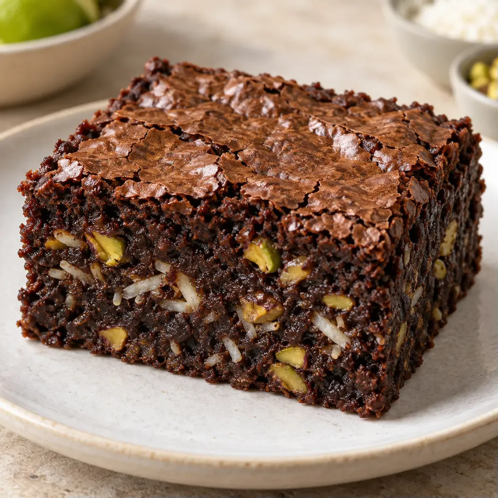 Brownies — kokos, limetka, pistácie