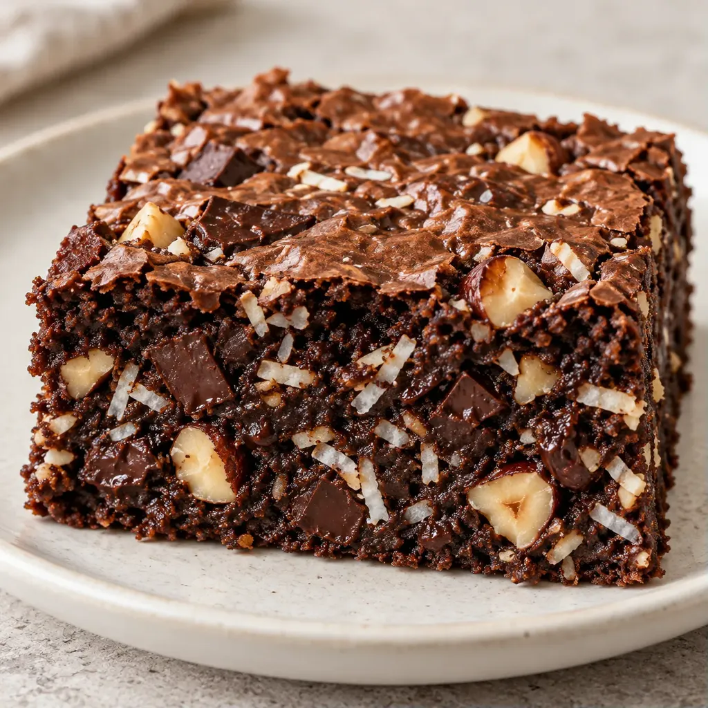 Brownies — hořká čokoláda, lískové ořechy, kokos
