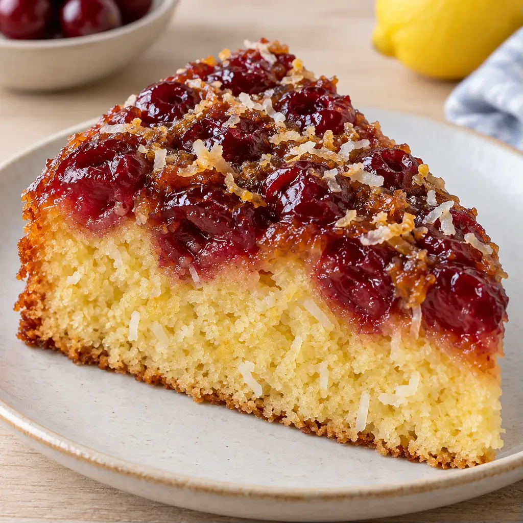 Obrácený ovocný koláč — višně, citron, kokos