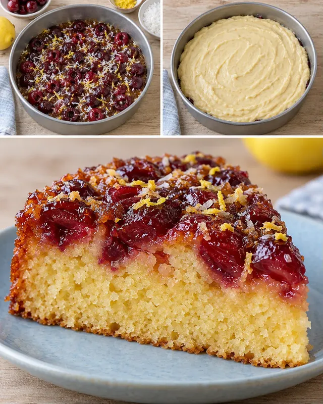 Obrácený ovocný koláč — višně, citron, kokos