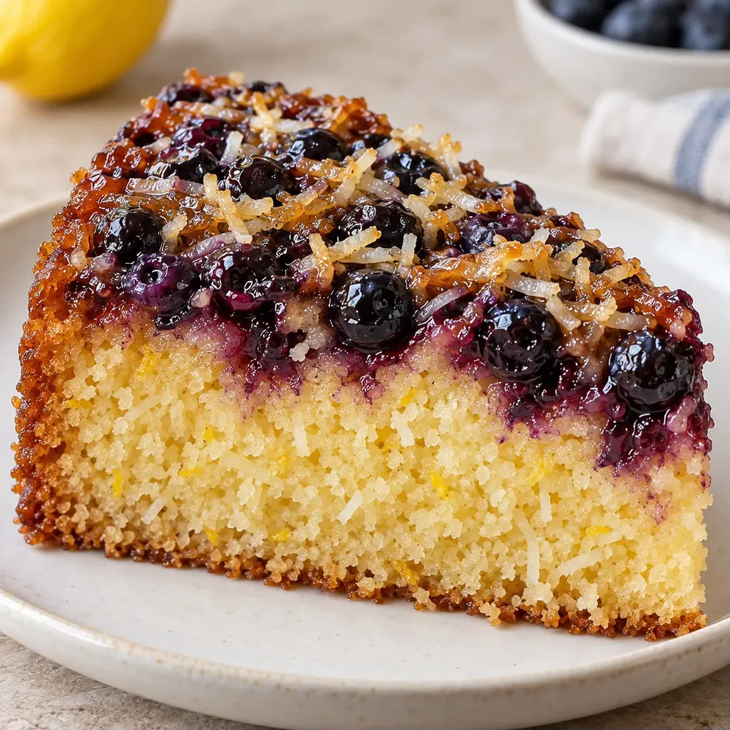 Obrácený ovocný koláč — borůvky, citron, kokos