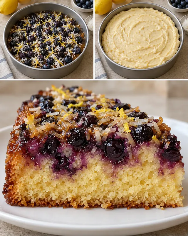 Obrácený ovocný koláč — borůvky, citron, kokos