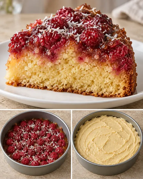 Obrácený ovocný koláč — maliny, vanilka, kokos