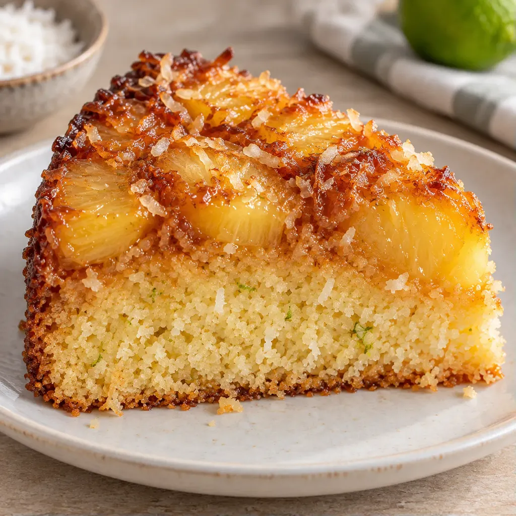 Obrácený ovocný koláč — ananas, limetka, kokos