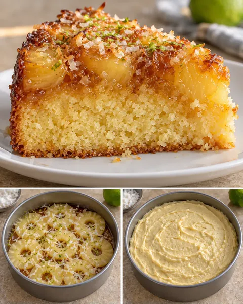 Obrácený ovocný koláč — ananas, limetka, kokos