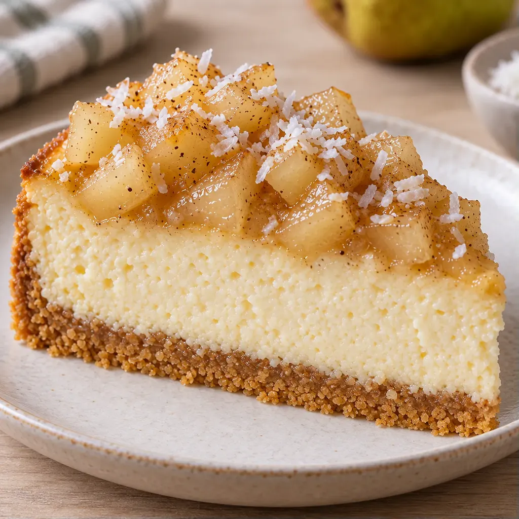 Pečený cheesecake — hrušky, kardamom, kokos