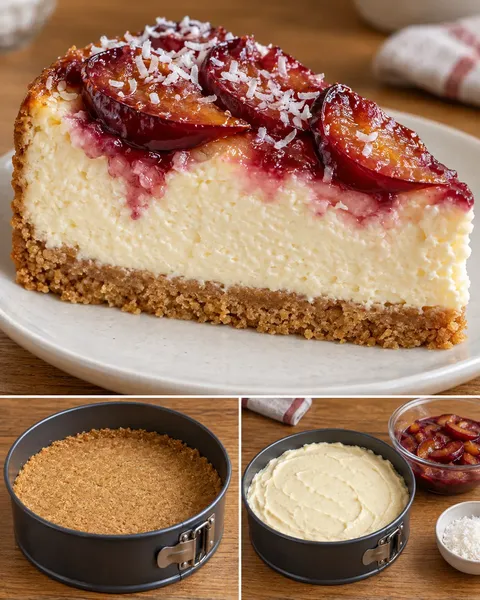 Pečený cheesecake — švestky, vanilka, kokos
