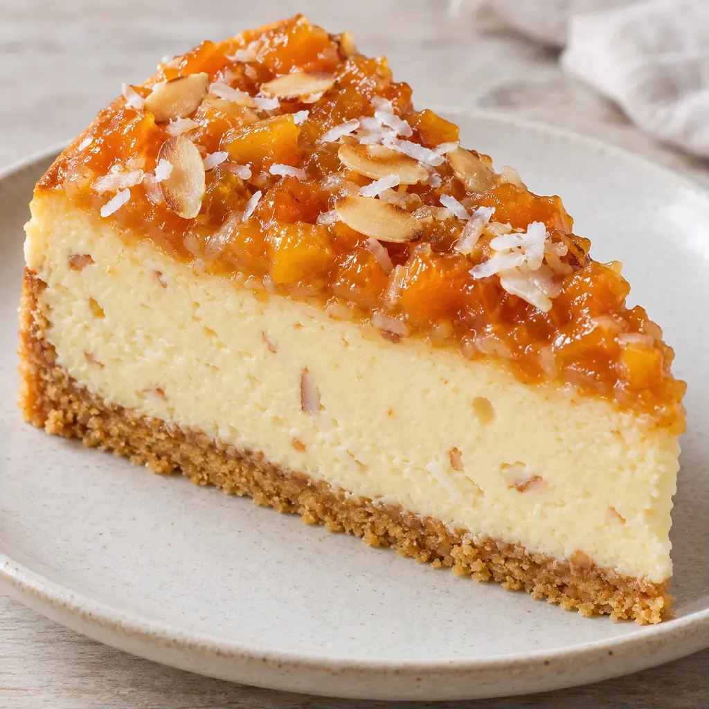 Pečený cheesecake — meruňky, mandle, kokos