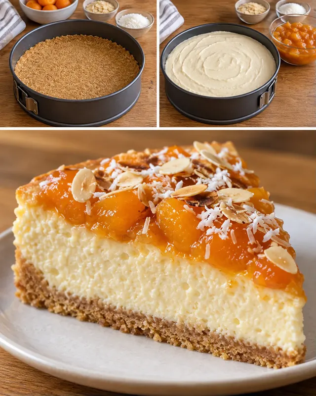 Pečený cheesecake — meruňky, mandle, kokos