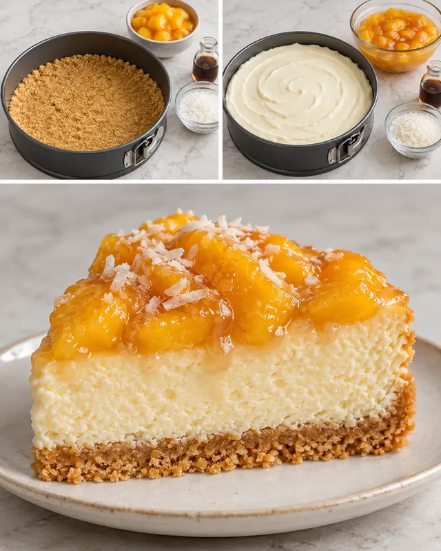Pečený cheesecake — broskve, vanilka, kokos