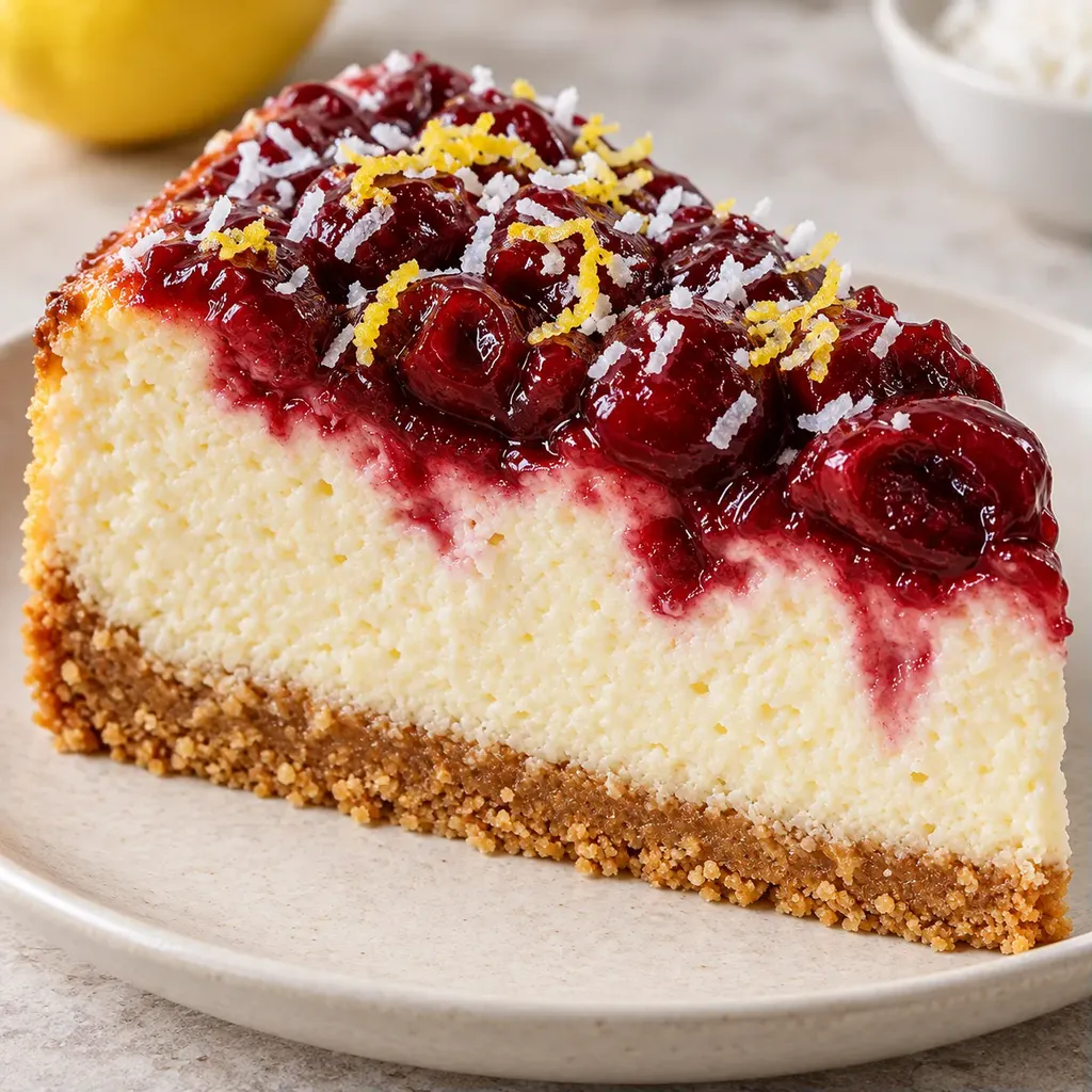 Pečený cheesecake — višně, citron, kokos