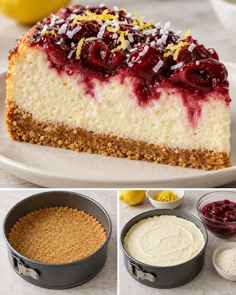 Pečený cheesecake — višně, citron, kokos