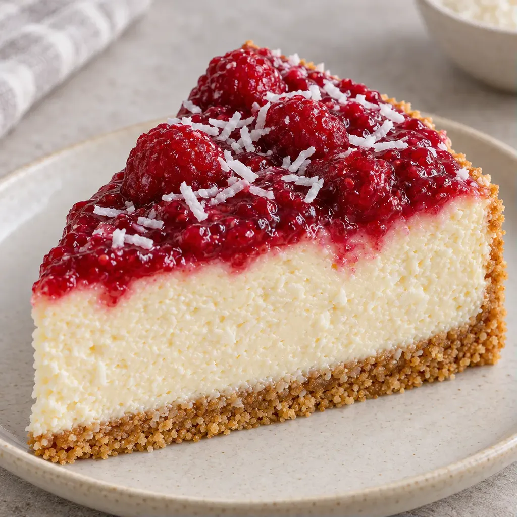 Pečený cheesecake — maliny, vanilka, kokos