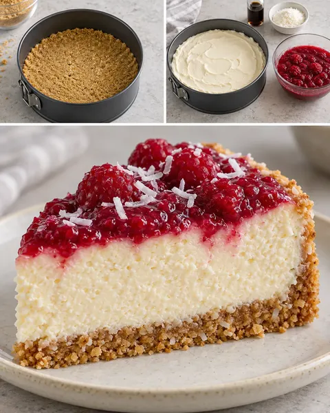 Pečený cheesecake — maliny, vanilka, kokos
