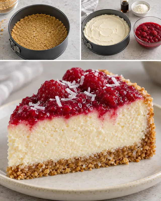 Pečený cheesecake — maliny, vanilka, kokos