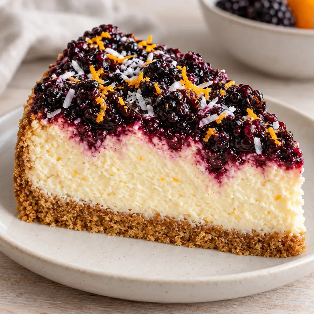 Pečený cheesecake — ostružiny, pomeranč, kokos