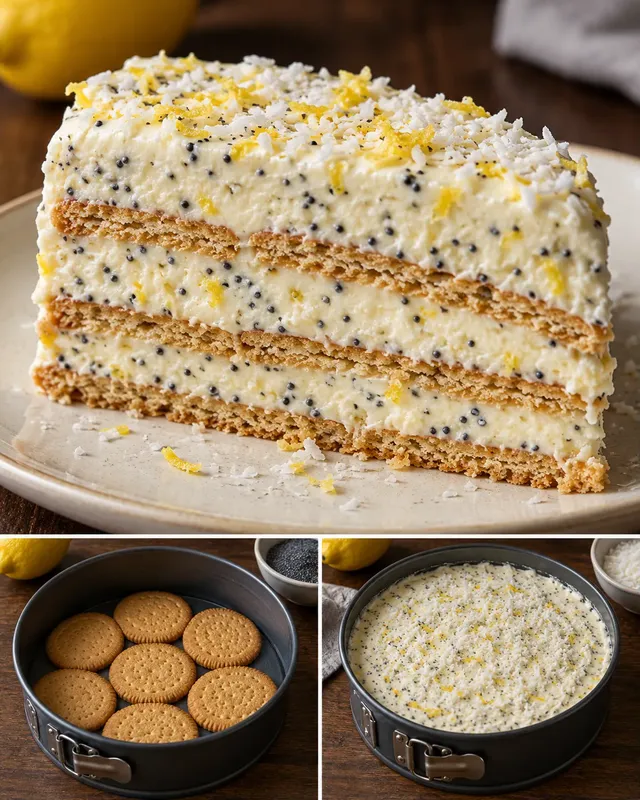 Nepečený sušenkový dort — citron, mák, kokos
