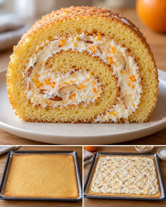 Piškotová roláda — pomeranč, mandle, kokos