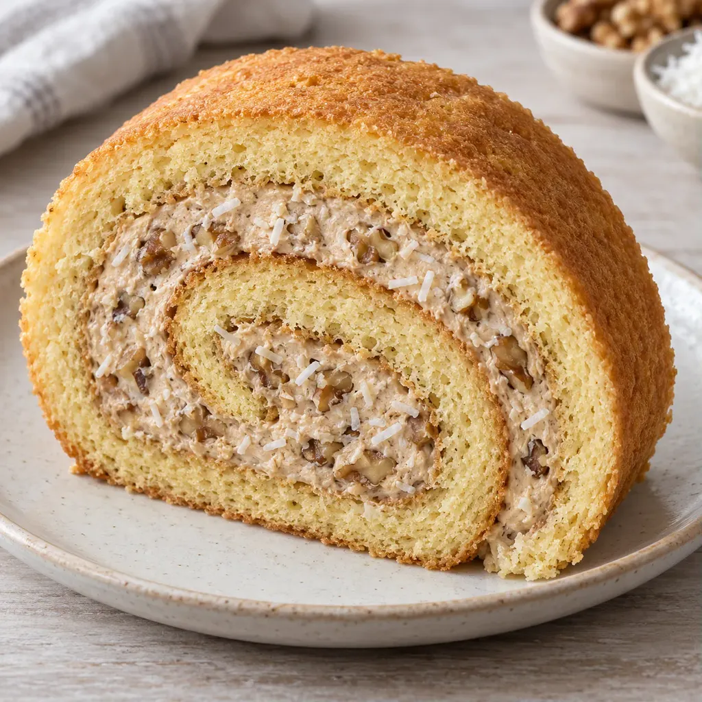 Piškotová roláda — káva, vlašské ořechy, kokos