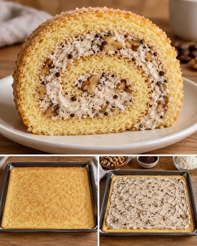 Piškotová roláda — káva, vlašské ořechy, kokos