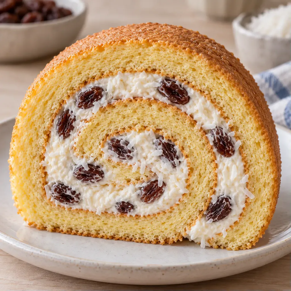 Piškotová roláda — rozinky, vanilka, kokos