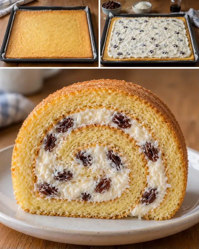 Piškotová roláda — rozinky, vanilka, kokos