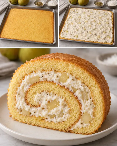 Piškotová roláda — hrušky, kardamom, kokos