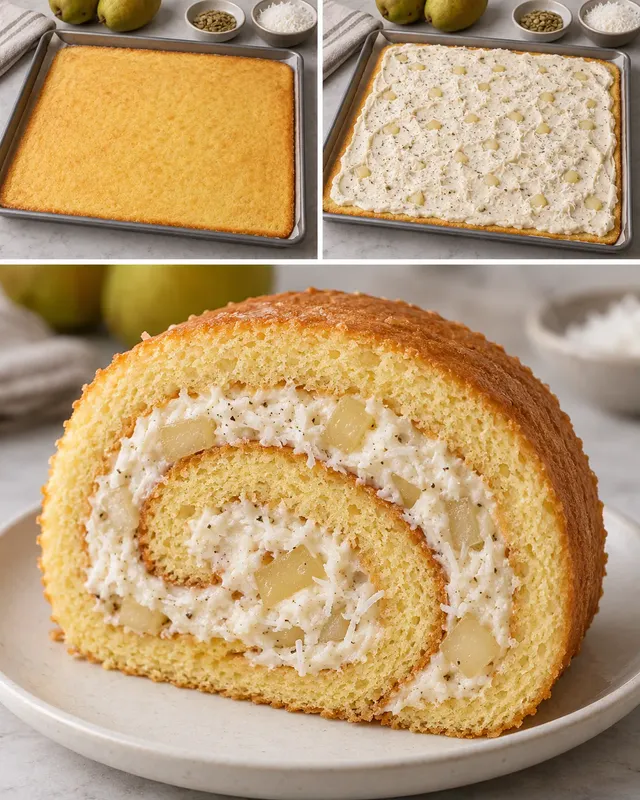 Piškotová roláda — hrušky, kardamom, kokos