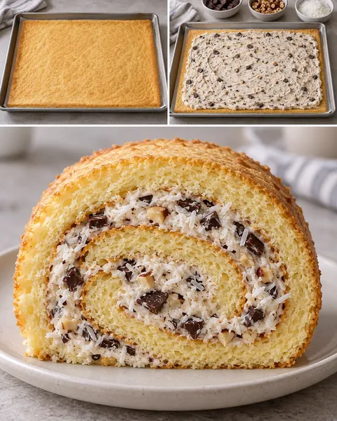 Piškotová roláda — hořká čokoláda, lískové ořechy, kokos