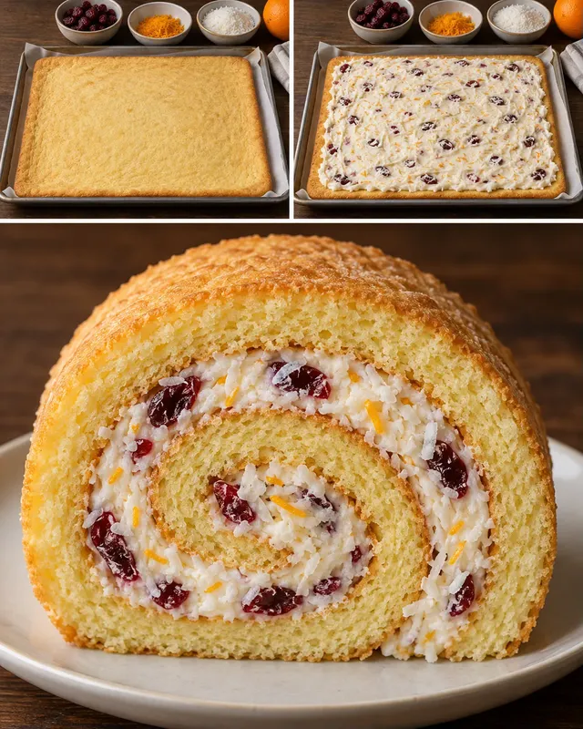 Piškotová roláda — brusinky, pomeranč, kokos