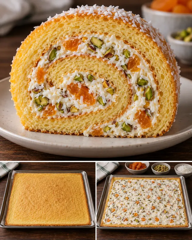 Piškotová roláda — sušené meruňky, pistácie, kokos