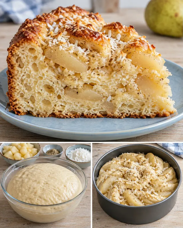 Sladký kynutý koláč — hrušky, kardamom, kokos