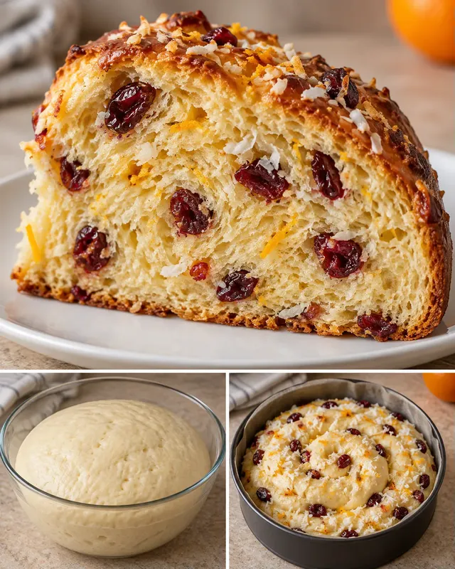 Sladký kynutý koláč — brusinky, pomeranč, kokos