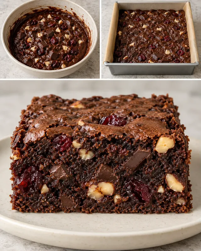 Brownies — hořká čokoláda, lískové ořechy, brusinky