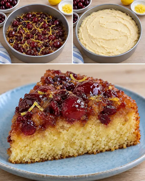 Obrácený ovocný koláč — višně, citron, brusinky