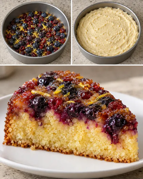 Obrácený ovocný koláč — borůvky, citron, brusinky