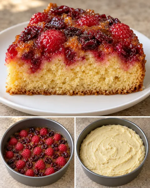 Obrácený ovocný koláč — maliny, vanilka, brusinky