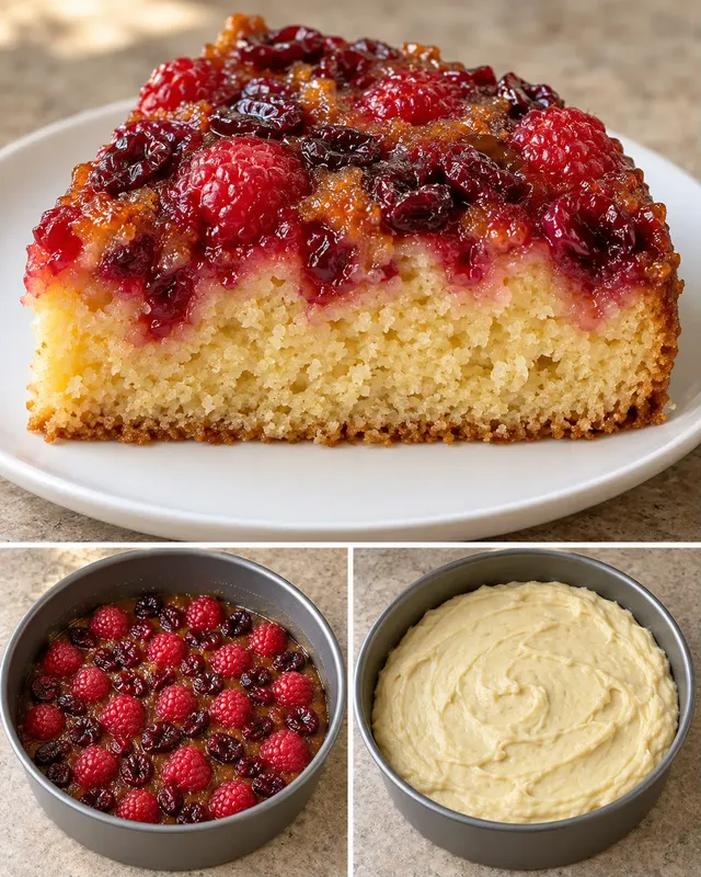 Obrácený ovocný koláč — maliny, vanilka, brusinky