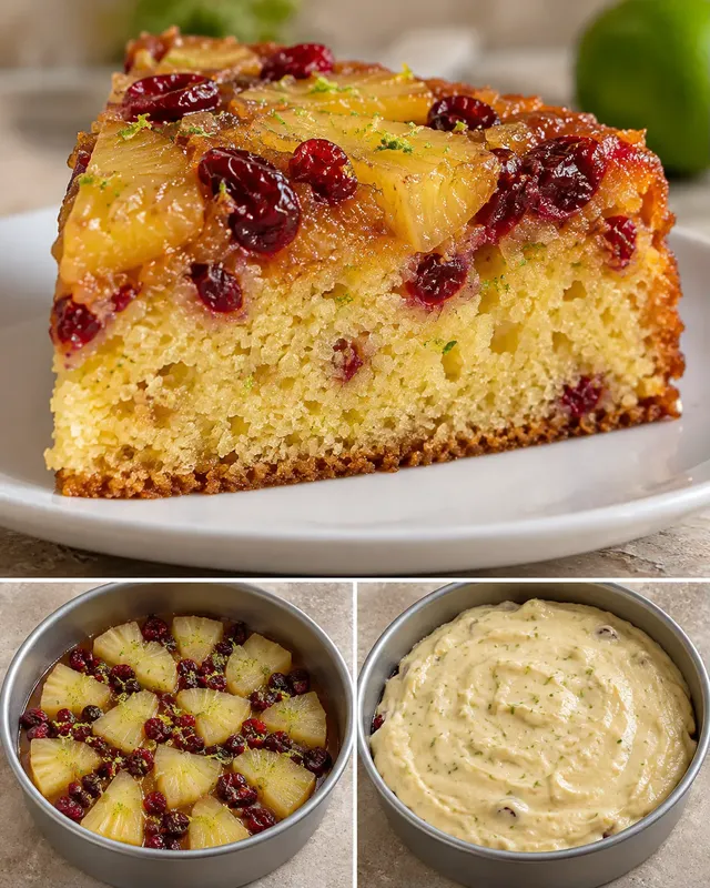 Obrácený ovocný koláč — ananas, limetka, brusinky