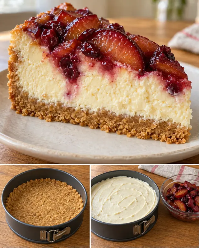 Pečený cheesecake — švestky, vanilka, brusinky