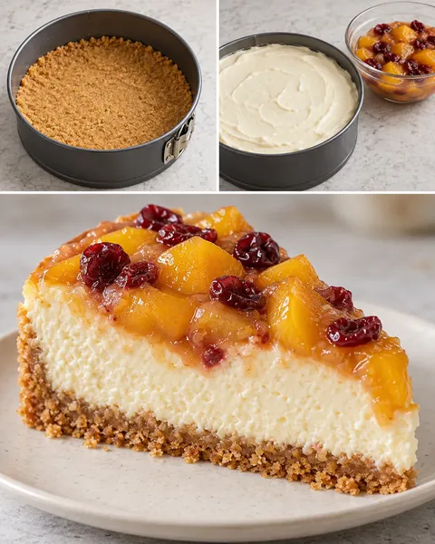 Pečený cheesecake — broskve, vanilka, brusinky
