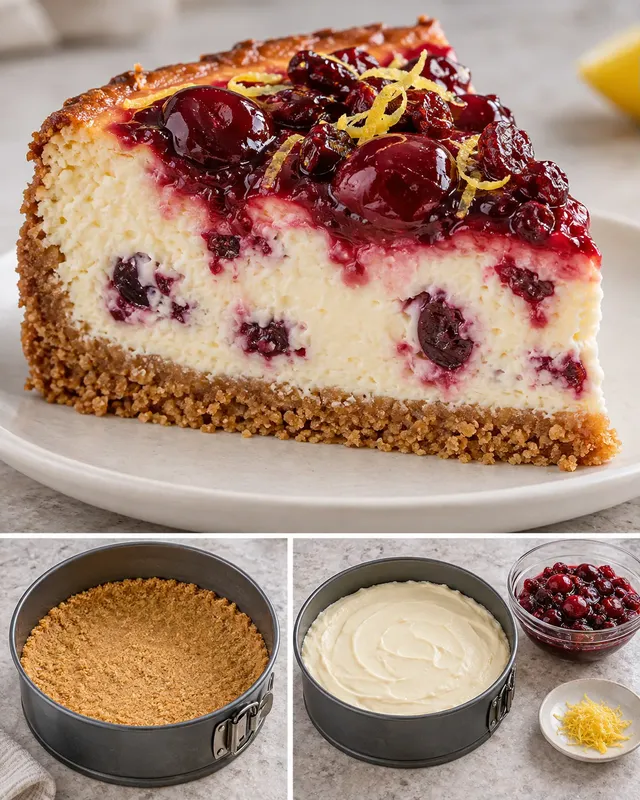 Pečený cheesecake — višně, citron, brusinky