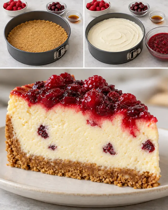 Pečený cheesecake — maliny, vanilka, brusinky