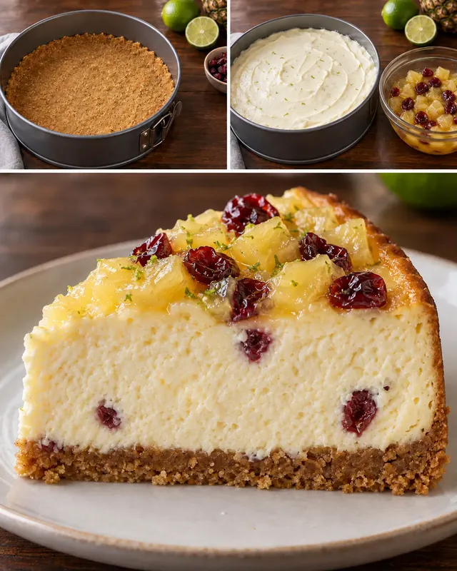 Pečený cheesecake — ananas, limetka, brusinky