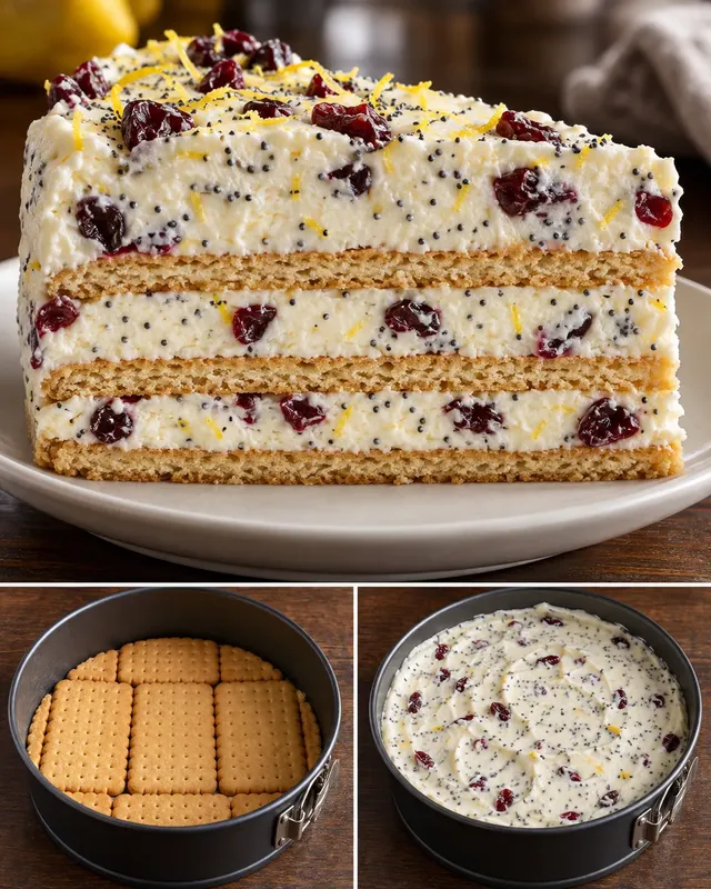 Nepečený sušenkový dort — citron, mák, brusinky