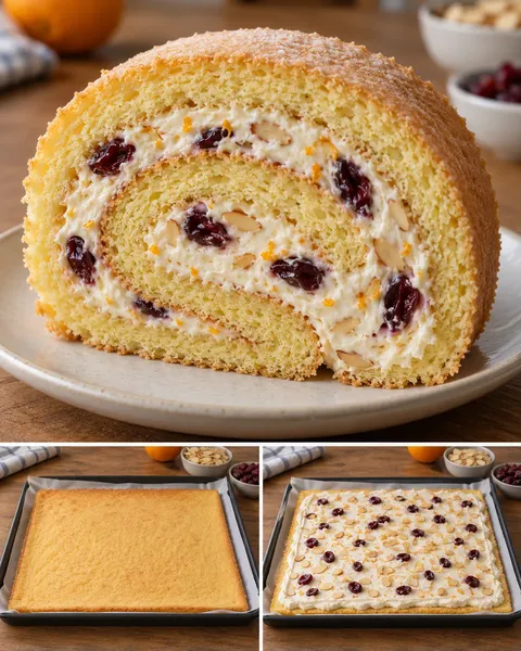 Piškotová roláda — pomeranč, mandle, brusinky